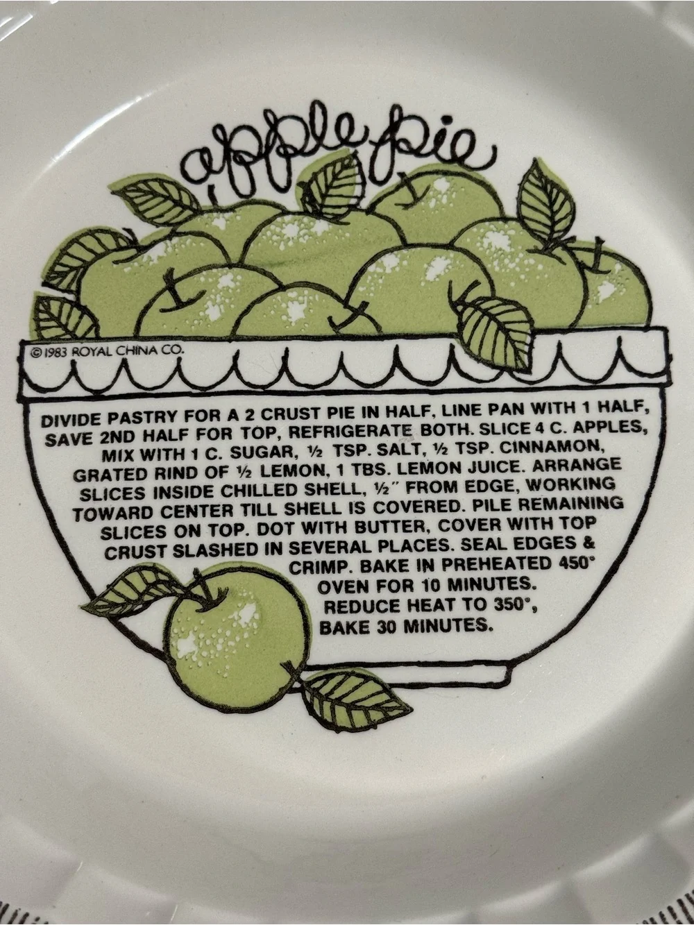 Vintage 1983 Royal China Apple Pie Recipe Plate Deep Dish